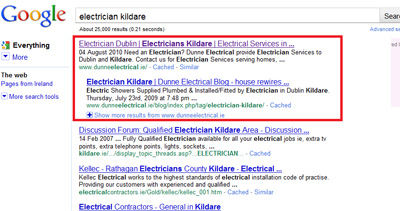 Example of SEO work on www.dunneelectrical.ie website giving top result on Google Organic Listings for the search term Electrician Kildare